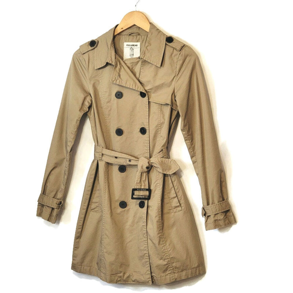 Pull & Bear Double Breasted Belt Tie Waist Mid Length Tan Trench Coat Size S - Picture 16 of 16